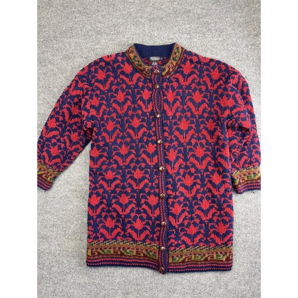 Vintage J Peterman Sweater Womens Large Blue Red Wool Cotton Knit Cardigan 90s - Picture 1 of 6